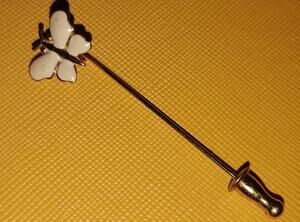 Vintage Monet White Enamel Butterfly Stick Pin Gold Tone 2.25"